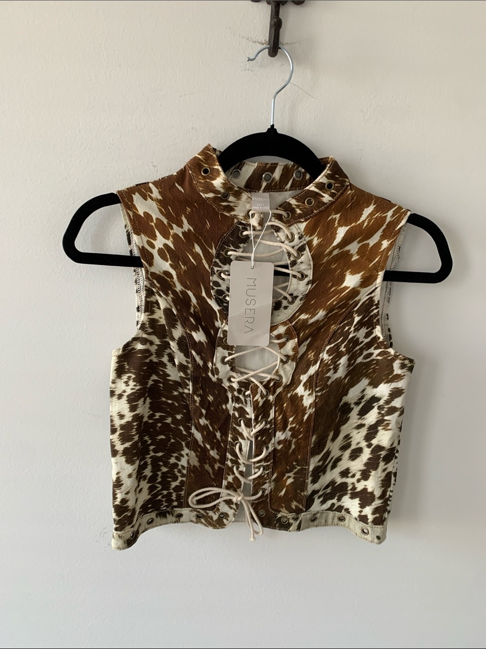 Musera Brown and White Cowhide Lace-Up Sleeveless Top S NWT